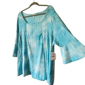 Coral Bay Blue Bell Sleeves Asymmetrical Blouse Pleated Beaded Plus Size